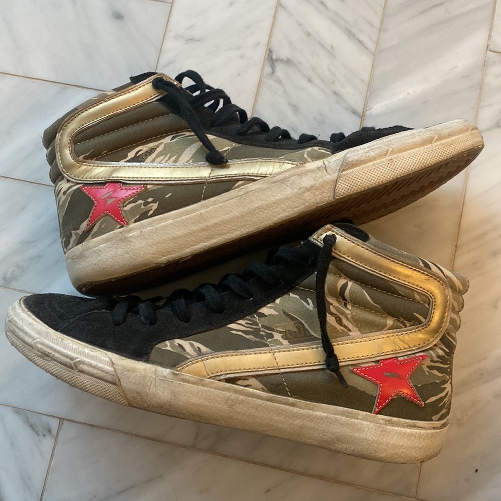 Golden Goose High-Top Sneakers in Black, Tan & Red - Picture 4 of 12